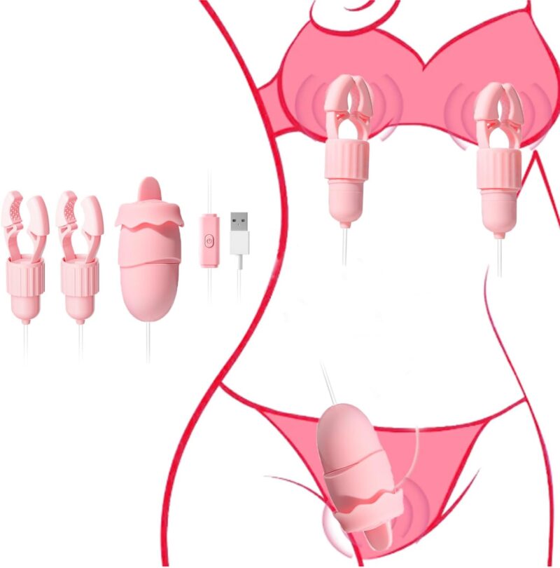 Nipple Clamps Adult Sex Toys, Nipple Vibrator Women Sex Toys with 12 Vibration & Tongue Licking Modes, Vibrating Nipple Toy Clitoral Stimulator, Rechargeable BDSM Adult Toys for Women Female Couples