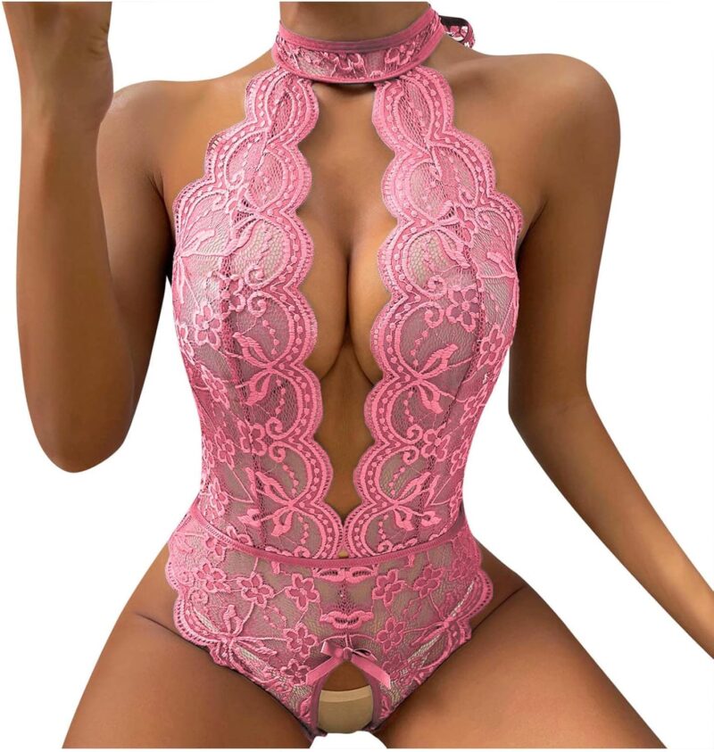 Sexy Crotch Lingerie for Women for Sex Naughty One Piece Lace Teddy Bodysuit Halter Neck Snap Underwire Babydoll Nightgrown