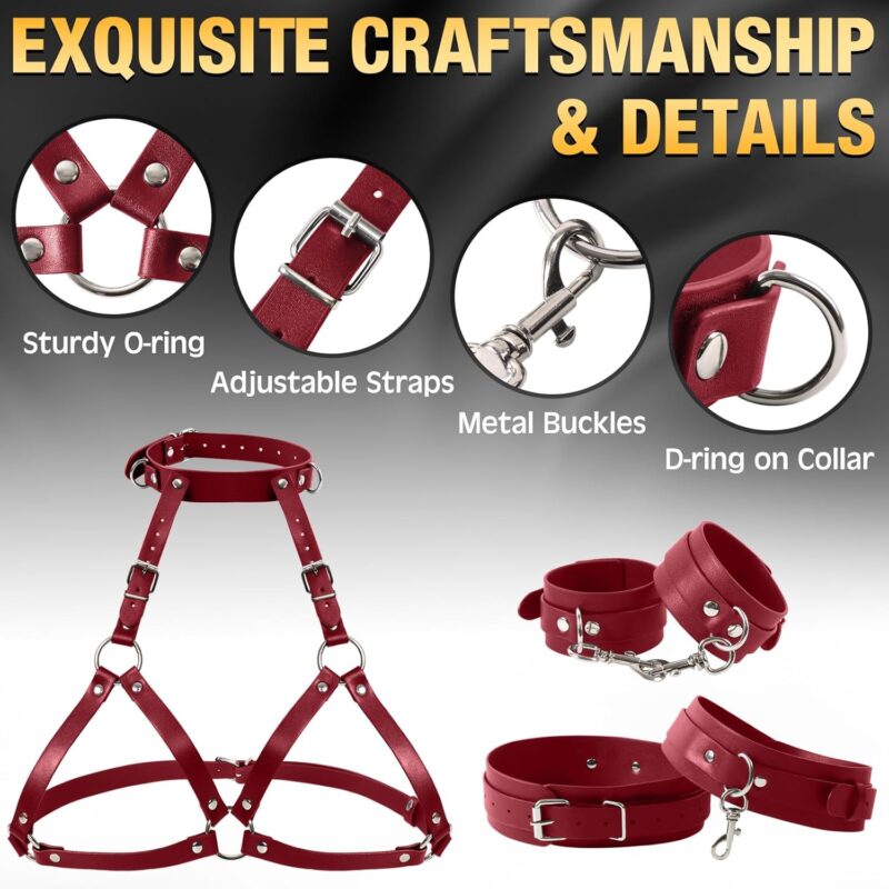 BDSM Sex Bondage Breast Restraints Thigh Sling, Leather Neck to Thigh Chest Restraints Harness Bed Restraints, Wrist & Thigh Cuffs Kinky Lingerie Bra, SM Games Sex Toys for Women & Couples (Red) - Image 2