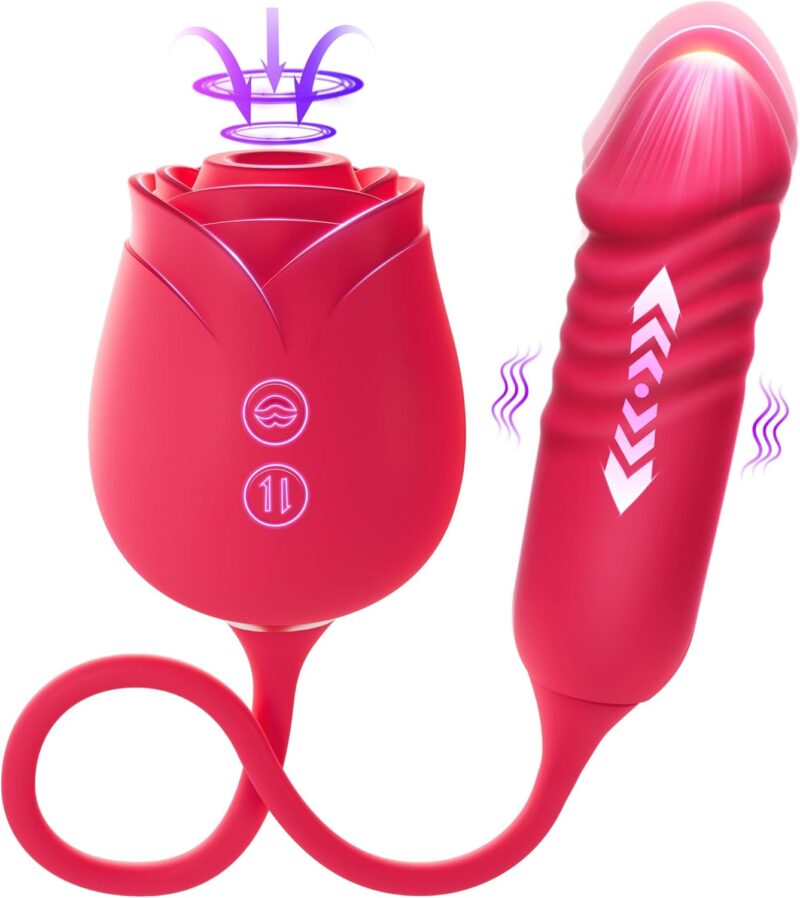 Vibrator Dildo Sex Toys for Women -  Rose Sex Toy with Thrusting G Spot Vibrators & 10 Sucking Modes for Clitoral Nipple Stimulation Anal Double-Ended Dildos Adult Sex Toys Games for Couples